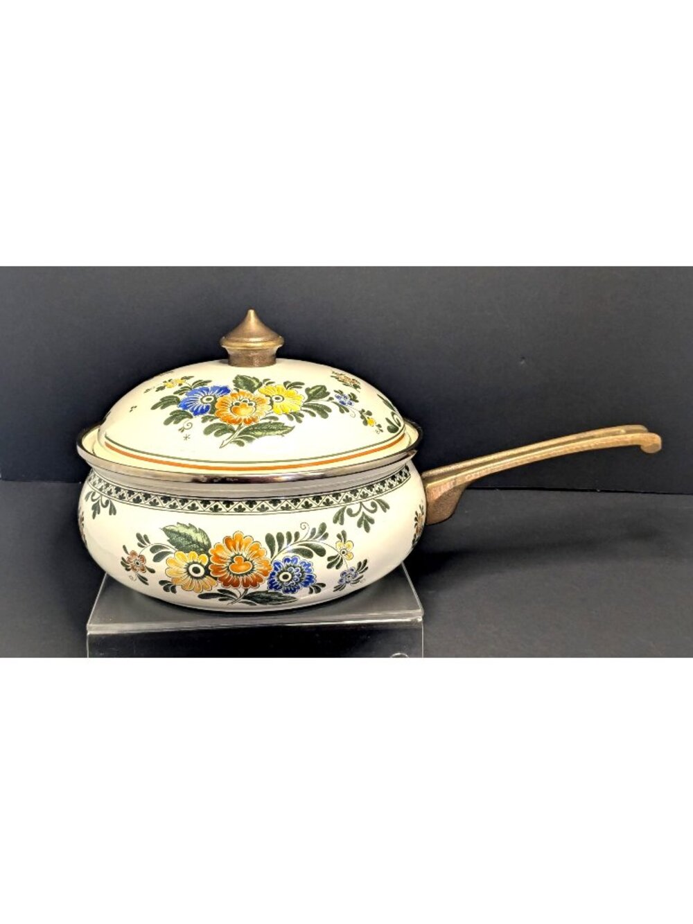 Vintage Asta Enamelware Alt Amsterdam Floral Covered Saucepan Brass Handle & Lid